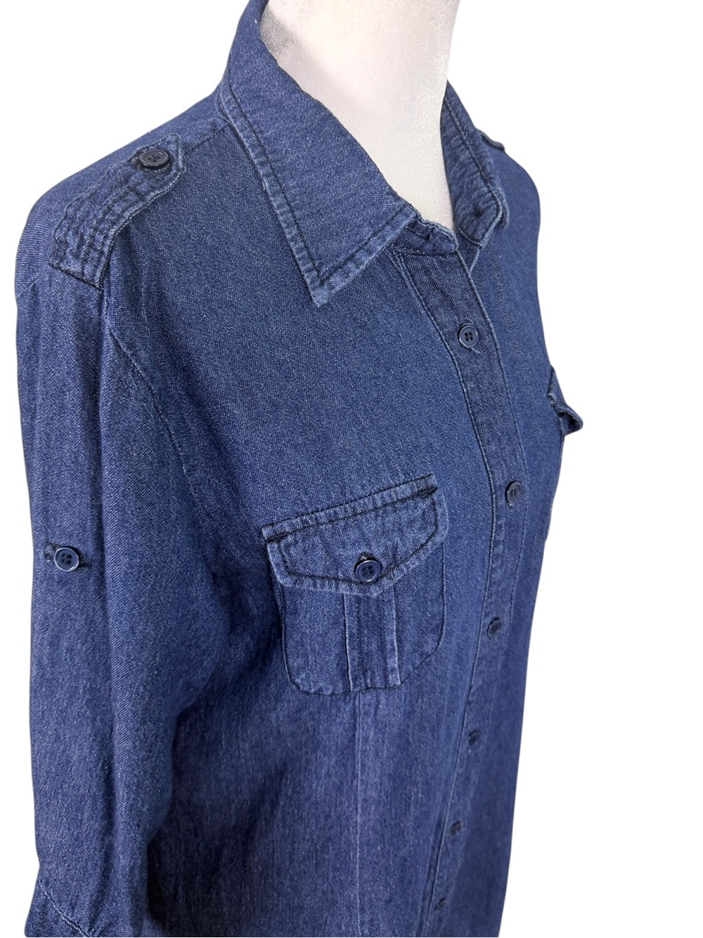 Derek Heart Denim Tunic Dress L 100% Cotton Button Front Roll Tab - Picture 3 of 10